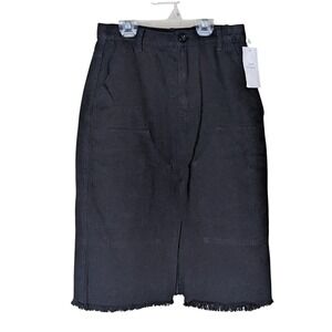 Over Kleshas Women's Small‎ Black Denim Skirt Raw Hem Utility Pocket Front Slit